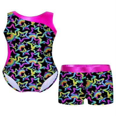 Daenrui Kids Girls Printed Splice Gymnastics Leotards with Shorts Set Ballet Dance Unitard Workout swimsuit Pentagram 4 Years