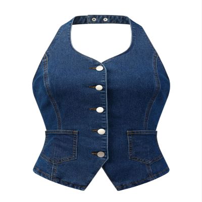 Allegra K Denim Vest for Women's Halter Neck Button Down Backless Jean Waistcoat X-Large Dark Blue