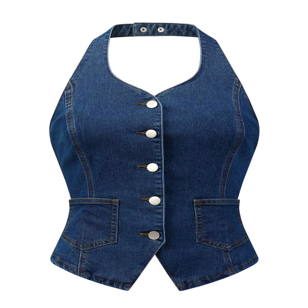 Allegra K Denim Vest for Women's Halter Neck Button Down Backless Jean Waistcoat X-Large Dark Blue