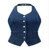Allegra K Denim Vest for Women's Halter Neck Button Down Backless Jean Waistcoat X-Large Dark Blue view 1