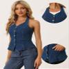 Allegra K Denim Vest for Women's Halter Neck Button Down Backless Jean Waistcoat X-Large Dark Blue view 2