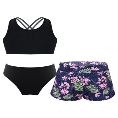 Daenrui Kids Girls Floral Racer Back Crop Top with Bottoms Boardshorts 3 Pieces Athletic Tankini Swimsuit Flowers 10 Years