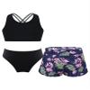 Daenrui Kids Girls Floral Racer Back Crop Top with Bottoms Boardshorts 3 Pieces Athletic Tankini Swimsuit Flowers 10 Years view 1