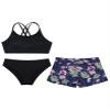 Daenrui Kids Girls Floral Racer Back Crop Top with Bottoms Boardshorts 3 Pieces Athletic Tankini Swimsuit Flowers 10 Years view 3