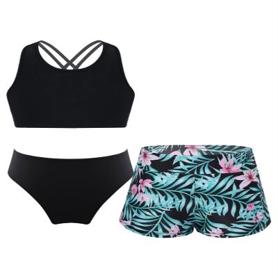 Daenrui Kids Girls Floral Racer Back Crop Top with Bottoms Boardshorts 3 Pieces Athletic Tankini Swimsuit A#Lily02 14 Years