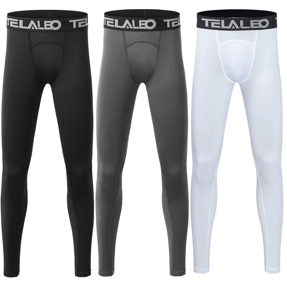 TELALEO 3 Pack Boys' Youth Compression Leggings Tights Base Layer Athletic Pants for Sports Basketball Hockey Baseball Running Black Grey White XL