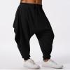 ODIZLI Black Harem Pants Men's Linen Trousers Summer Baggy Beach Loose Fit Yoga With Pockets Hammer Wide Leg Drawstring L view 2