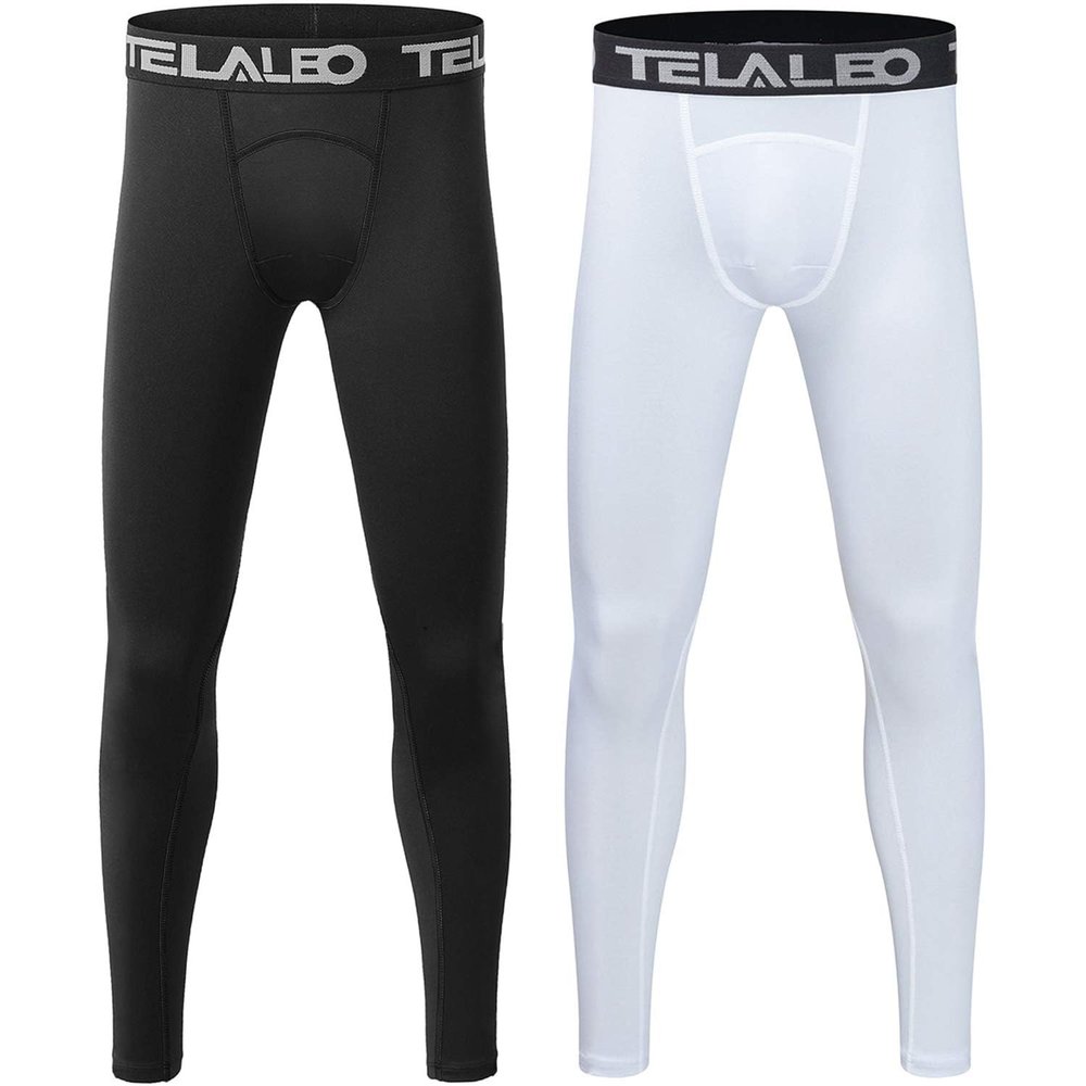 TELALEO 2 Pack Boys' Youth Compression Leggings Pants Tights Athletic Base Layer for Running Hockey Basketball Black White XL