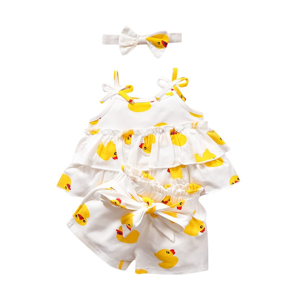 FOUTTUE Toddler Girls Sleeveless Cartoon Duck Prints Ruffles Vest Tops T Shirt Shorts Outfits Checke Top (Yellow, 3-6 Months)