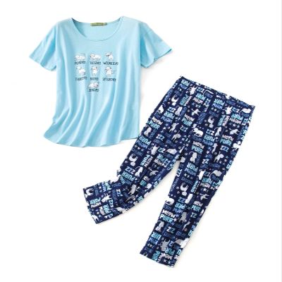 Women Summer Pajamas Soft Sleepwear Top with Capri Pants Ladies ShortSleeve Cotton Pajamas Sets Soft Cotton Dark Blue White Cat 2X-Large
