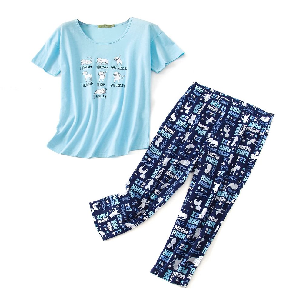 Women Summer Pajamas Soft Sleepwear Top with Capri Pants Ladies ShortSleeve Cotton Pajamas Sets Soft Cotton Dark Blue White Cat 2X-Large