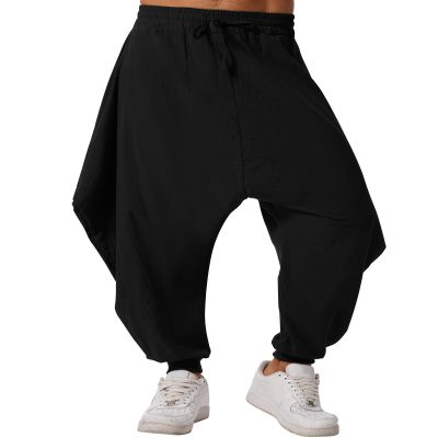 ODIZLI Black Harem Pants Men's Linen Trousers - Summer Baggy Beach Pants, Loose Fit Yoga With Pockets, Hammer Wide Leg Drawstring - Black M