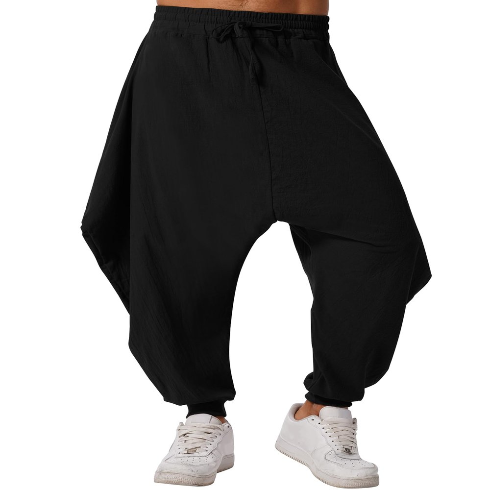 ODIZLI Black Harem Pants Men's Linen Trousers - Summer Baggy Beach Pants, Loose Fit Yoga With Pockets, Hammer Wide Leg Drawstring - Black M