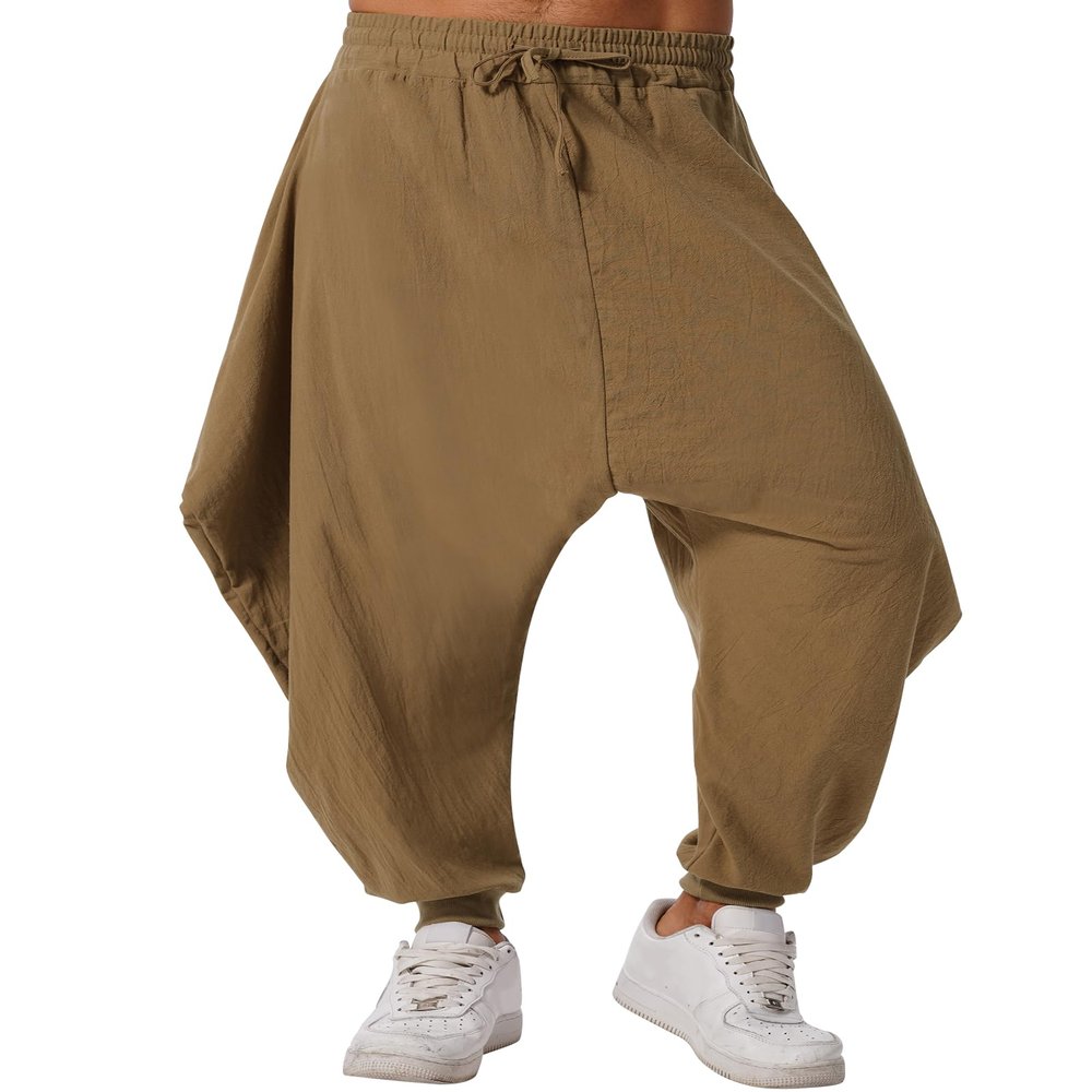 ODIZLI Harem Pants for Men Linen Pants Casual Trousers Summer Pants Baggy Beach Pants Loose Fit Yoga Pants Men Hammer Pants Mens Harem Pants Boho Hippie Drop Crotch Trousers Khaki M
