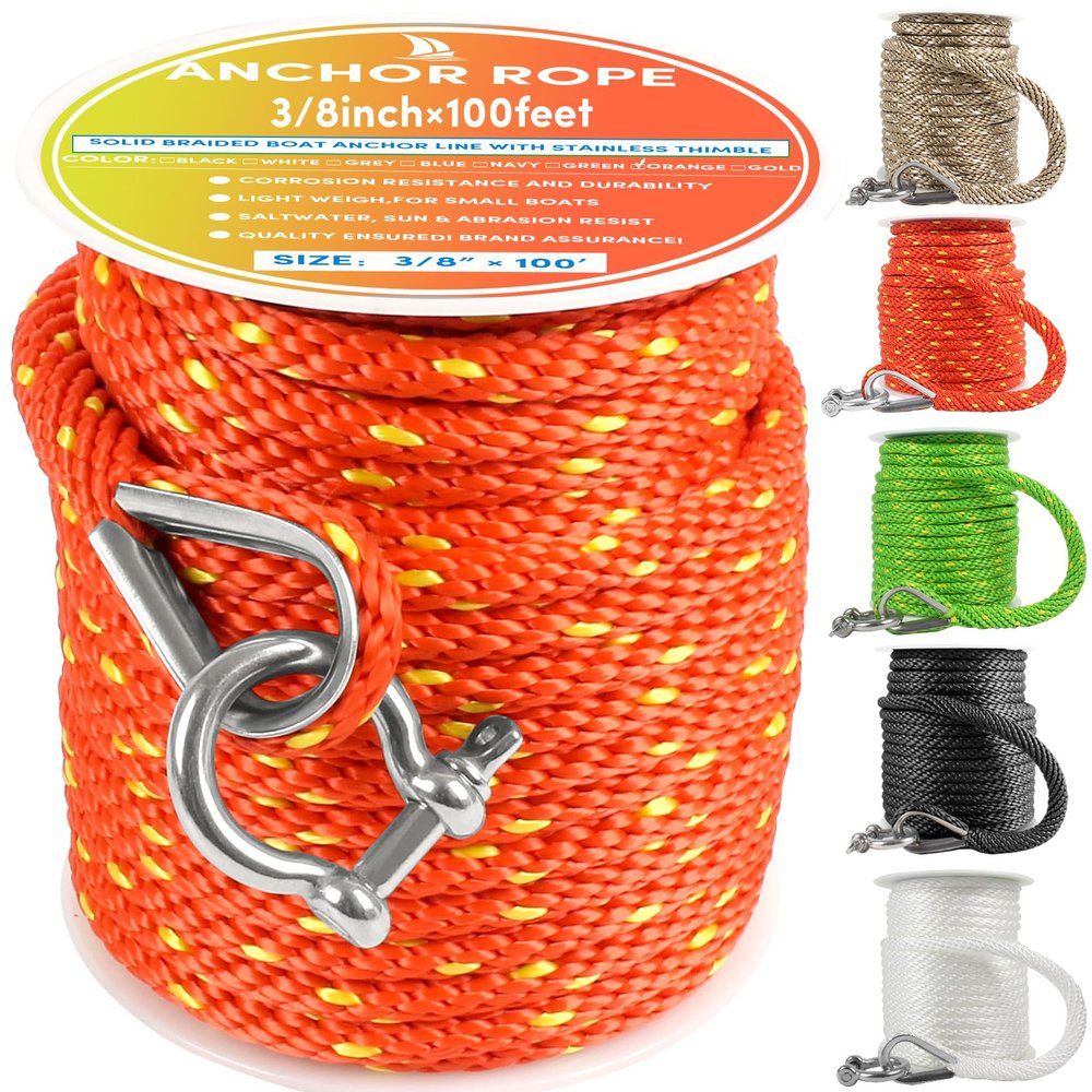 Premium Anchor Rope 100 ft x 3/8 inch, Solid Braid MFP Anchor Line Boat Rope with Thimble & Shackle - Orange/Yellow