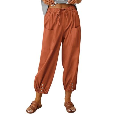 Akivide Women's High Waist Drawstring Cotton Linen Pants with 2 Pockets Straight Wide Leg Capri Cropped Trouser for Women