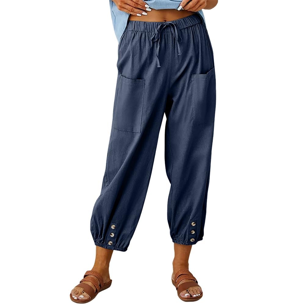 Akivide Women's High Waist Drawstring Cotton Linen Pants with 2 Pockets Straight Wide Leg Capri Cropped Trouser for Women