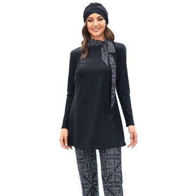 AWIBMK Womens Muslim Swimsuits Long Sleeve Solid Color Leaf Print Full Coverage Swimwear Modest Islamic Ladies Beachwear Swimming Burkini Hijab Swim Bathing Suit S-4XL C# Black Small