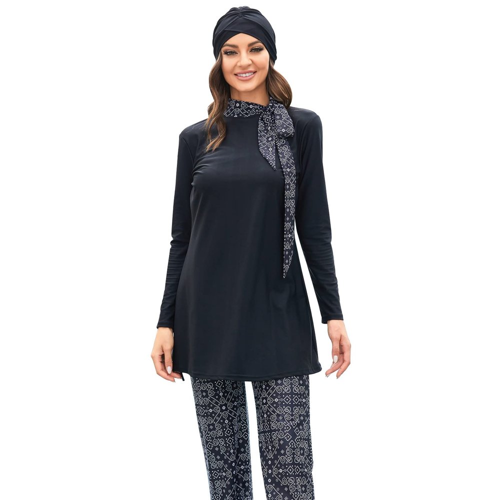 AWIBMK Womens Muslim Swimsuits Long Sleeve Solid Color Leaf Print Full Coverage Swimwear Modest Islamic Ladies Beachwear Swimming Burkini Hijab Swim Bathing Suit S-4XL C# Black Small