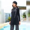 AWIBMK Womens Muslim Swimsuits Long Sleeve Solid Color Leaf Print Full Coverage Swimwear Modest Islamic Ladies Beachwear Swimming Burkini Hijab Swim Bathing Suit S-4XL C# Black Small view 2