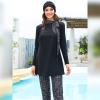 AWIBMK Womens Muslim Swimsuits Long Sleeve Solid Color Leaf Print Full Coverage Swimwear Modest Islamic Ladies Beachwear Swimming Burkini Hijab Swim Bathing Suit S-4XL C# Black Small view 3