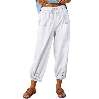 Akivide Women's High Waist Drawstring Cotton Linen Pants with 2 Pockets Straight Wide Leg Capri Cropped Trouser for Women