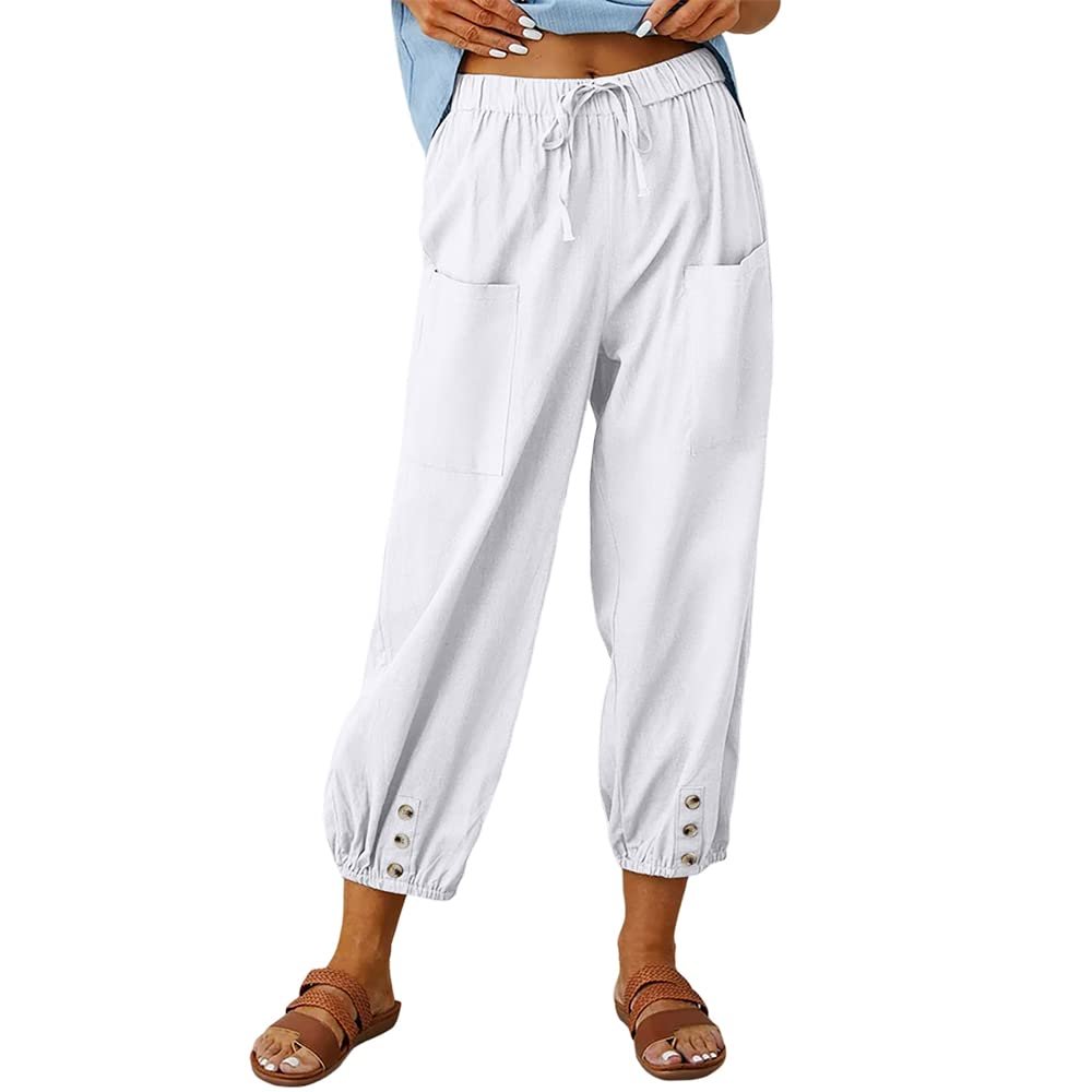 Akivide Women's High Waist Drawstring Cotton Linen Pants with 2 Pockets Straight Wide Leg Capri Cropped Trouser for Women