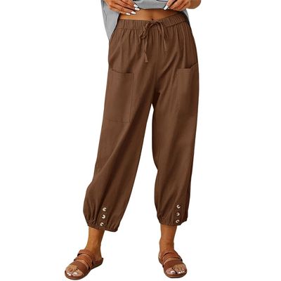 Akivide Women's High Waist Drawstring Cotton Linen Pants with 2 Pockets Straight Wide Leg Capri Cropped Trouser for Women