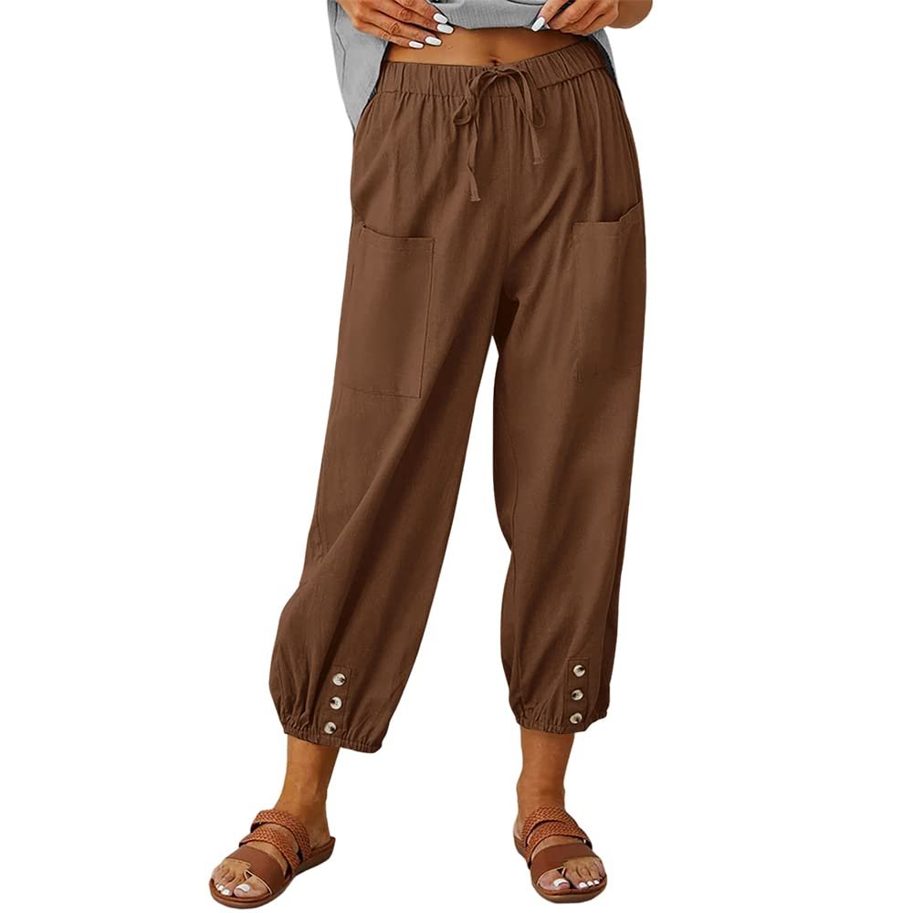 Akivide Women's High Waist Drawstring Cotton Linen Pants with 2 Pockets Straight Wide Leg Capri Cropped Trouser for Women
