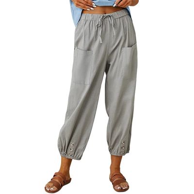 Akivide Women's High Waist Drawstring Cotton Linen Pants with 2 Pockets Straight Wide Leg Capri Cropped Trouser for Women