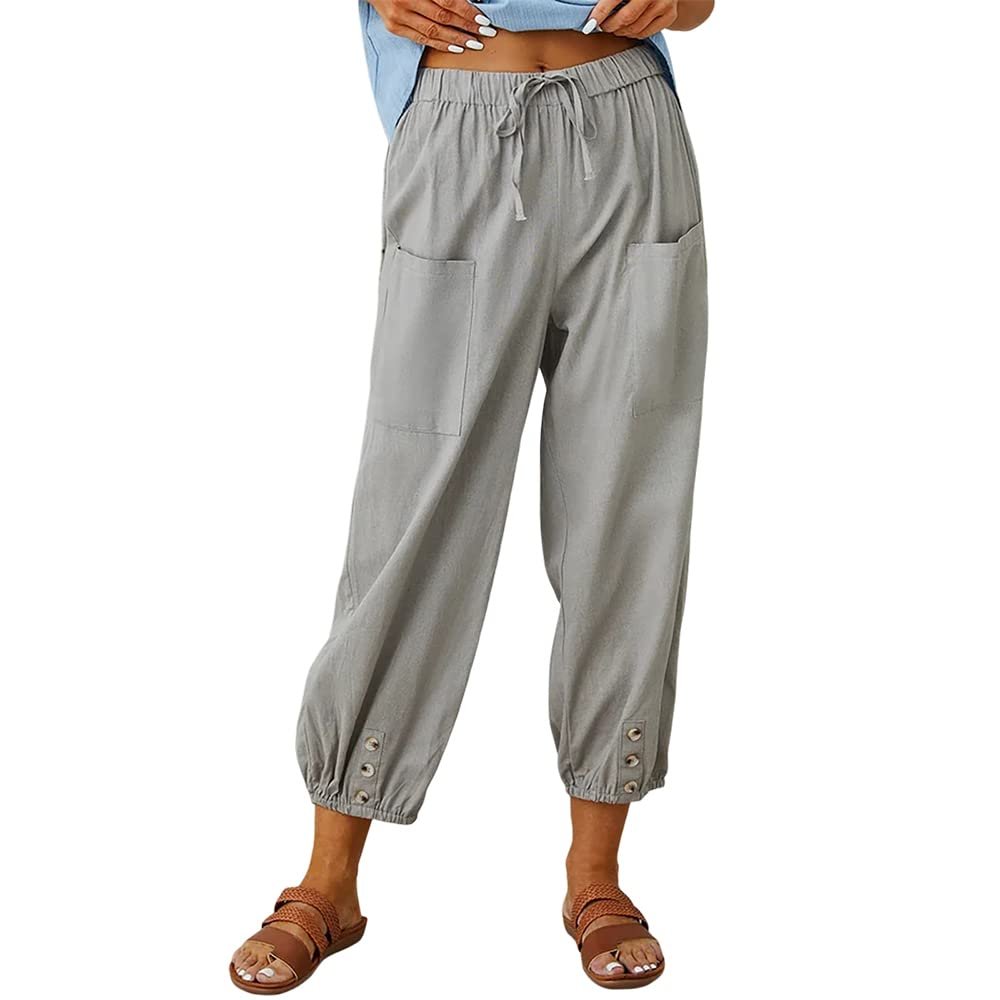 Akivide Women's High Waist Drawstring Cotton Linen Pants with 2 Pockets Straight Wide Leg Capri Cropped Trouser for Women