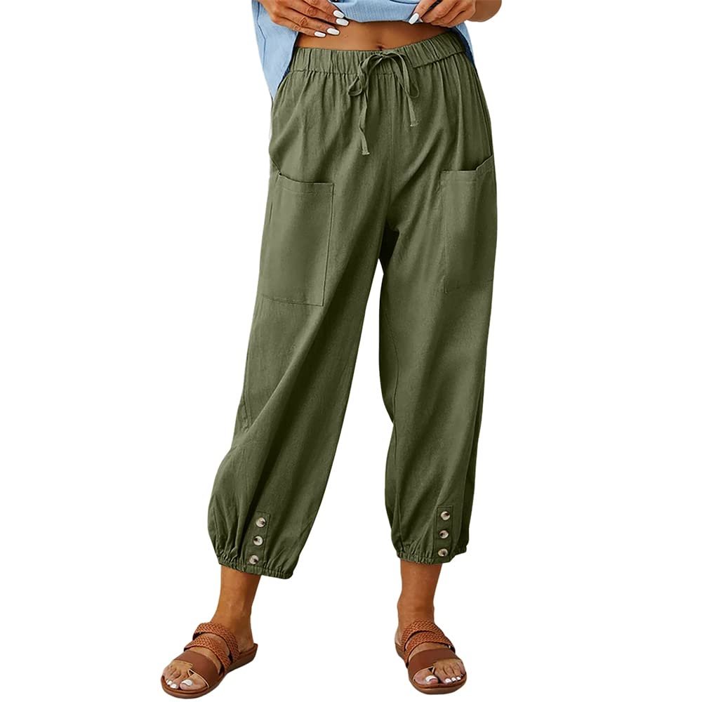 Akivide Women's High Waist Drawstring Cotton Linen Pants with 2 Pockets Straight Wide Leg Capri Cropped Trouser for Women