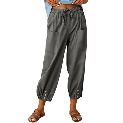 Akivide Women's High Waist Drawstring Cotton Linen Pants with 2 Pockets Straight Wide Leg Capri Cropped Trouser for Women