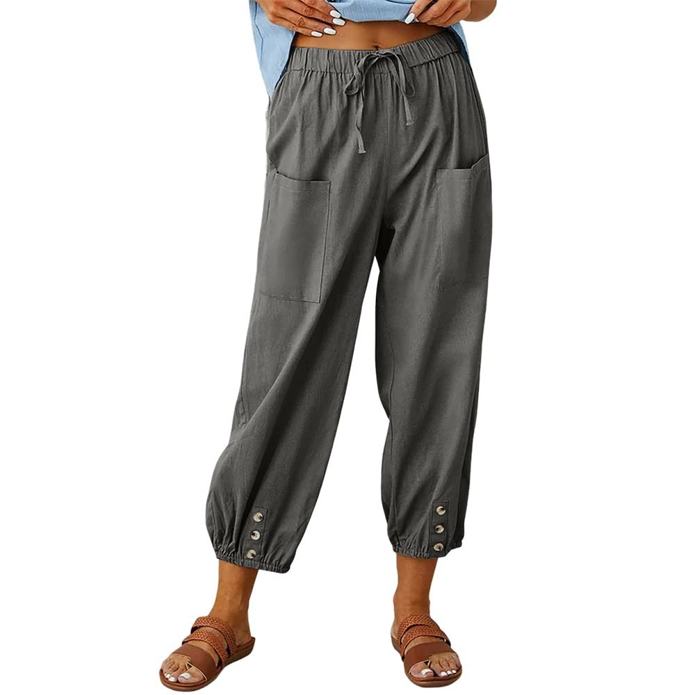 Akivide Women's High Waist Drawstring Cotton Linen Pants with 2 Pockets Straight Wide Leg Capri Cropped Trouser for Women