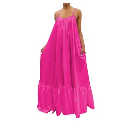 Womens Sexy Spaghetti Strap Sleeveless Ruched Ruffle Hem Bandage Oversized Summer Beach Loose Long Maxi Swing Dress Hot Pink