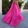 Womens Sexy Spaghetti Strap Sleeveless Ruched Ruffle Hem Bandage Oversized Summer Beach Loose Long Maxi Swing Dress Hot Pink view 3