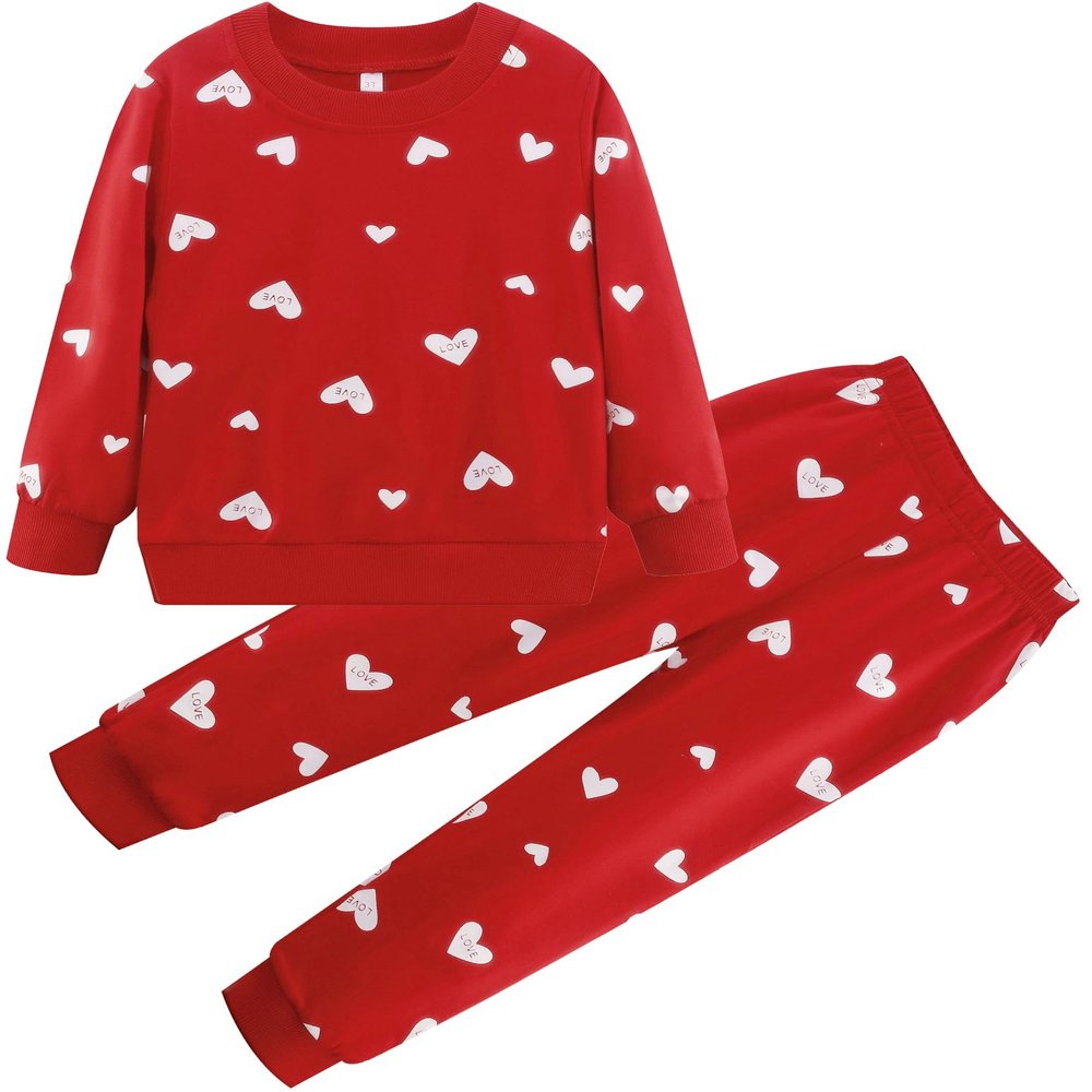 RETSUGO Girls Heart Outfit Winter Clothes Set for Girls Hearts Clothing 2 Piece Set Toddler Girl Sweatsuit Long Sleeve Heart T-Shirt+Red Pants Outfit 8-9 Years old/6734