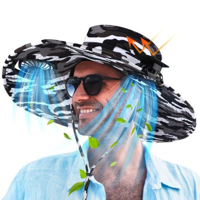 Berlune Men Sun Hat with 2 Solar Fan Fishing Wide Brim Sun Hat for Beach Outdoor Summer Camping, USB & Solar Powered(Black and White,Camouflage)