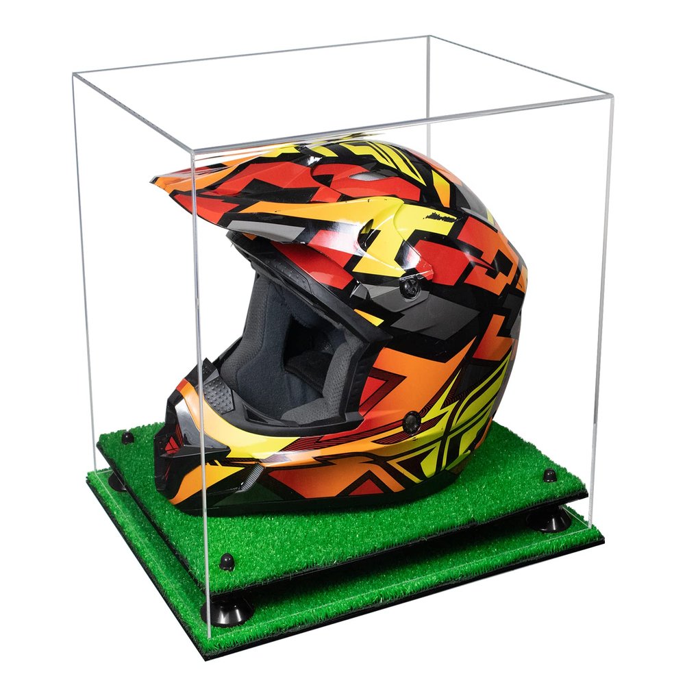 Better Display Cases Acrylic Motorcycle Helmet Display Cases with Clear Case, Black Risers and Turf Base - 16" x 13" x 14" (A024/V61)