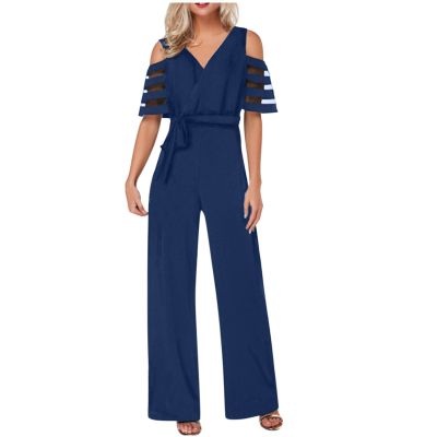 Elegant Jumpsuit for Women Solid Cold Shoulder Mesh Short Sleeve Jumpsuits V-Neck Belted Loose Wide Leg Pants Romper Pantsuit for Women Mono Mujer Elegante Dark Blue