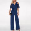 Elegant Jumpsuit for Women Solid Cold Shoulder Mesh Short Sleeve Jumpsuits V-Neck Belted Loose Wide Leg Pants Romper Pantsuit for Women Mono Mujer Elegante Dark Blue view 2