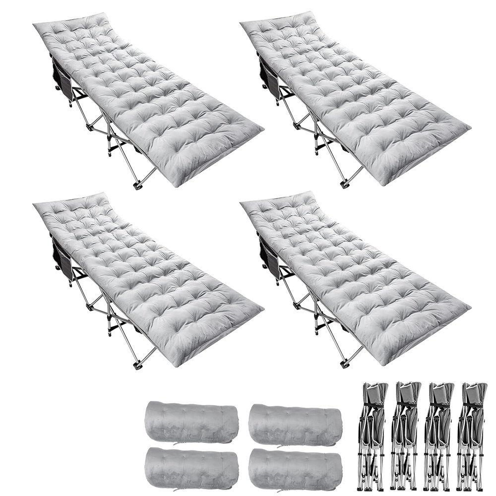 Zento Camping Cot and Mattress Folding Outdoor Travel Bed 4 Pack- Heavy Duty Max Load 450 LBS Premium Quality Cot Bed with Pad for Comfort Sleeping for Travel Home and Anytime Use