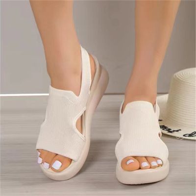 DOIX Soft Comfortable Mesh Knit Sport Sandals for Women Summer Hollow Washable Slingback Ankle Elastic Walking Shoes Casual Breathable Slip on Fish Mouth Sandals,Beige,US8/EU39