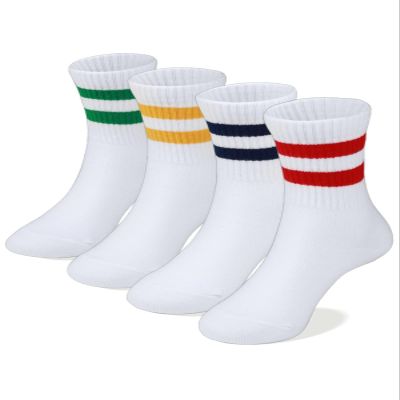 COTTON DAY Unisex School Kids Boys Girls Soft Cotton White Athletic Socks with Colorful Stripes 6-8 Years M (8)