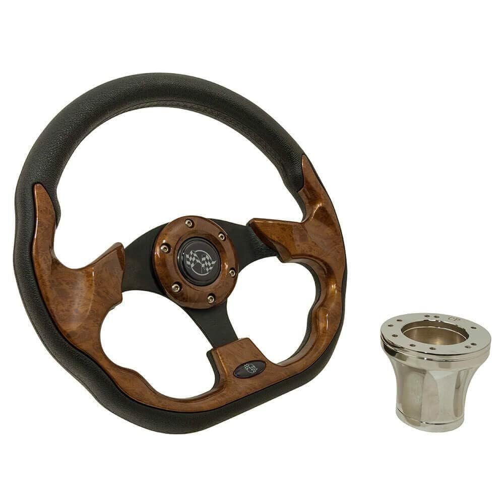 GTW Golf Cart Steering Wheel for Club Car DS Golf Carts | 12.5 Inch Woodgrain Racer Steering Wheel | Includes Chrome Hub Adapter