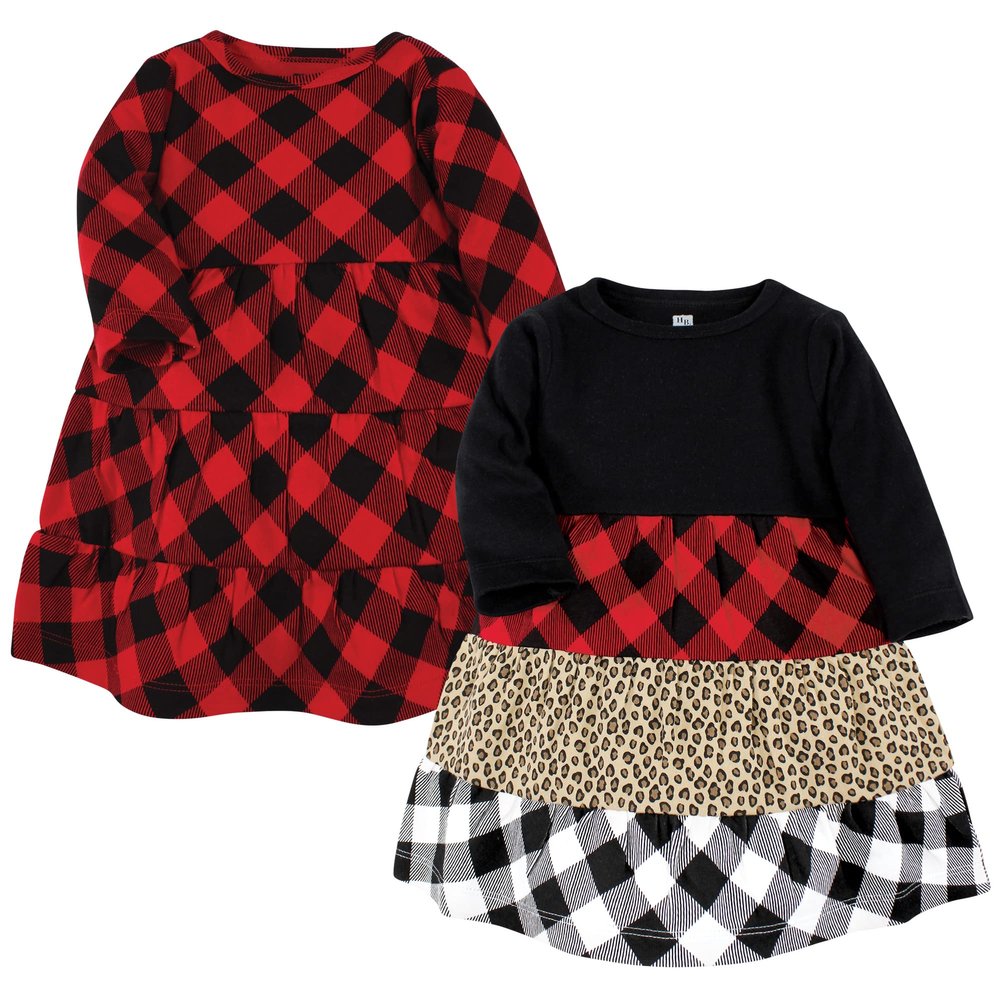 Hudson Baby Infant and Toddler Girl Cotton Dresses, Buffalo Plaid Leopard, 2 Toddler