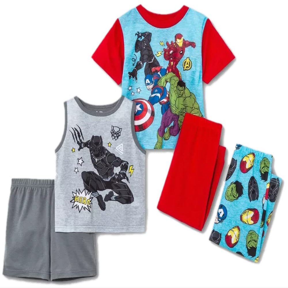 Marvel Boys' Avengers | Black Panther | Captain America | Thor | Spider-Man 4-Piece Snug-fit Cotton Pajamas Set, Size 3t
