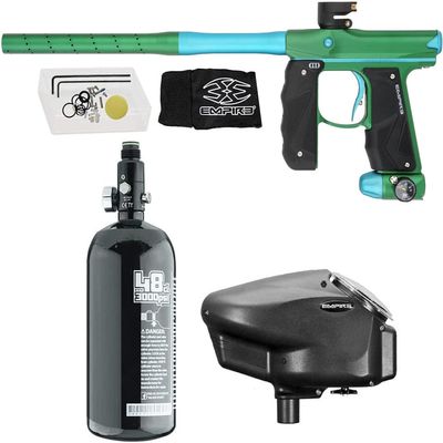 Empire Mini GS Electronic Paintball Gun Marker w/ 48/3000 HPA Paintball Tank & Empire Halo Too Electronic Paintball Loader Combo (Halo Loader Grey, Mini GS - Dust Green/Dust Aqua)