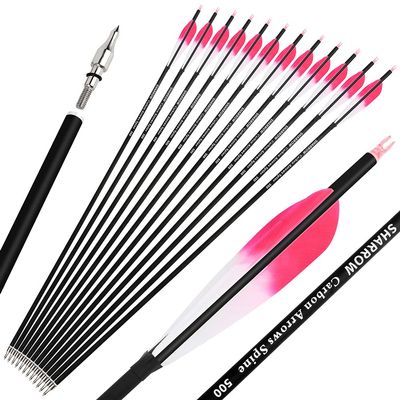 28/30/31 Inch Archery Carbon Arrows Spine 500 Hunting Target Practice Carbon Arrows with 100 Grain Replaceable Tips and 5" Real Feather for Compound & Recurve & Traditional Bow (Pink, 31 inch/12pcs)