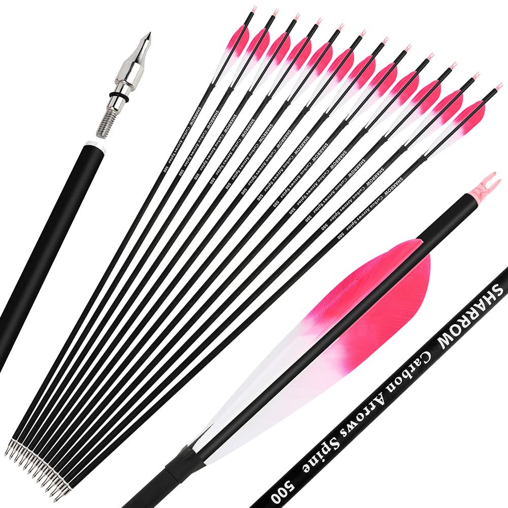 28/30/31 Inch Archery Carbon Arrows Spine 500 Hunting Target Practice Carbon Arrows with 100 Grain Replaceable Tips and 5" Real Feather for Compound & Recurve & Traditional Bow (Pink, 31 inch/12pcs)